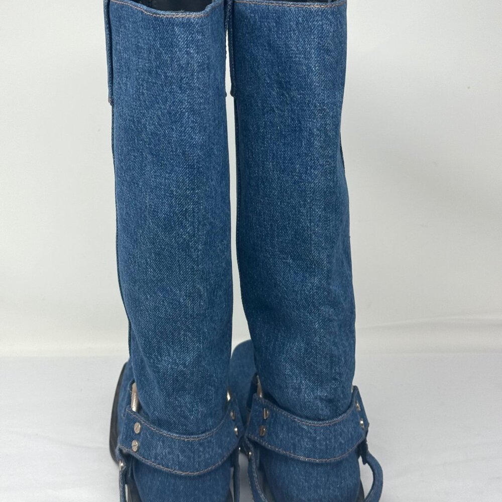 Acne Denim-Textured Midcalf Heeled Boots in Blue - Picture 4 of 5